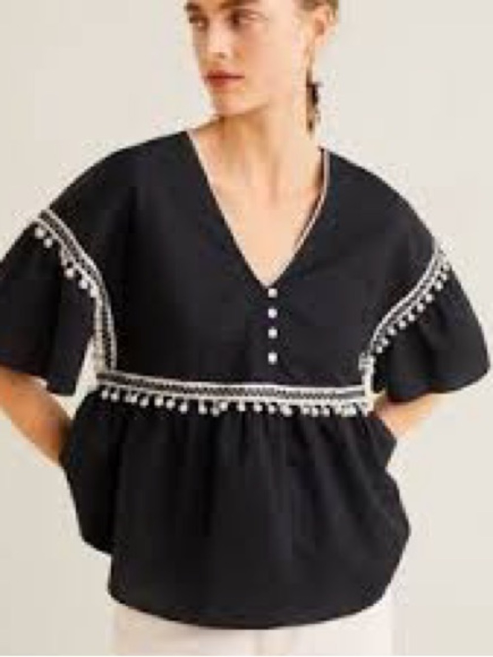 Mango Black V-Neck Top with White Pom Poms